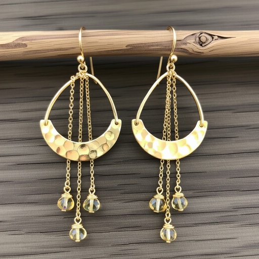 Золотые серьги словно мятое золото в форме узкого изящного полумесяца. Верхушка полумесяца крепится к застежке серьги.  От полумесяца идет три цепочки, у каждой на конце мелкий камушек цитрин