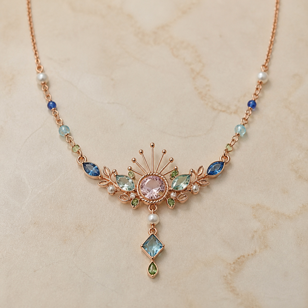 A bohemian women's necklace made of rose gold with sapphire and pearl and aquamarine and emerald stones suitable for daily wear. a transgender flag which denotes the brightness of sun
photorealistic jewelry design, A bohemian women's necklace made of rose gold with sapphire and pearl and aquamarine and emerald stones suitable for daily wear. a transgender flag which denotes the brightness of sun, bohemian style, just the design no text