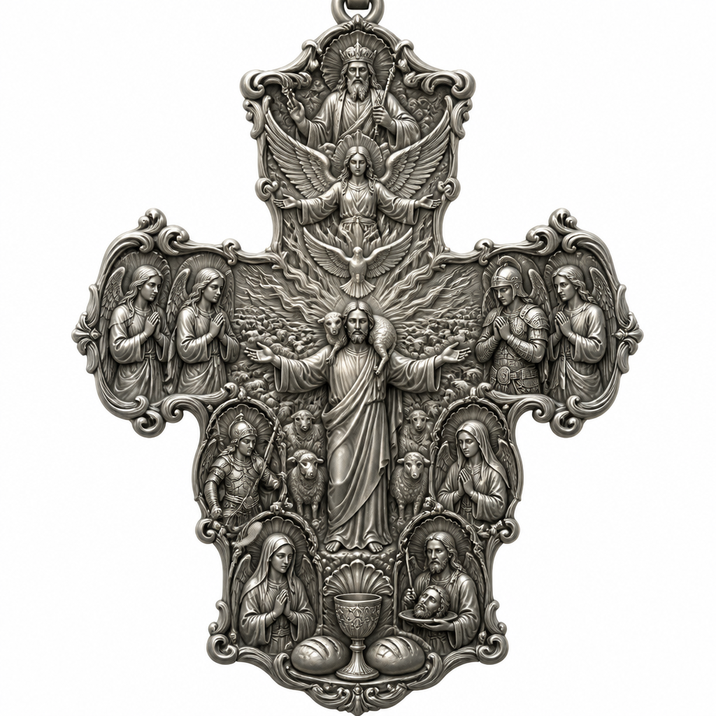 A baroque men's pendant made of silver suitable for festival. A delicate beautiful and elegant Cross with Jesus Christ as the good shepherd with His hands wide open to receive all of us, with a beautiful delicate sheep on His shoulders with a herd of sheep backward of Him. Over Jesus Christ to be placed the Holy Spirit as an Angel with a beautiful delicate elegant and thin body, with a beautiful delicate and elegant face, with long hair, with big wings flying toward us with His hands wide open, under the Angel to be placed a dove flying toward us, both the Angel and the dove to be surrounded by tongues of fire radiating light and fire to Jesus Christ and the herd. Over the Holy Spirit to be placed God the Father with a beautiful delicate and elegant crown on His head holding a beautiful delicate and elegant sceptre with His left hand and blessing the world with His right hand. At the bottom of the Cross to be placed the Holy Communion with a beautiful delicate and elegant chalice and two breads. At the right side of the Cross to be placed Saint Michael the Archangel with His beautiful delicate and elegant armour with His beautiful delicate and elegant helmet and His sword Praying and Saint Gabriel the Archangel Praying. At the left side of the Cross to be placed Saint Rafael the Archangel Praying and the Guardian Angel Praying. At the lower right side of the lower part of the Cross to be placed Saint John the Baptist holding a beautiful delicate and elegant platter with his head on it. At the lower left side of the lower part of the Cross to be placed Saint Veronica Praying. At the upper right side of the lower part of the Cross to be placed Virgo Maria Praying. At the upper left side of the lower part of the Cross to be placed Saint George with his beautiful delicate and elegant armour with his sword and his javelin and his beautiful delicate and elegant helmet on his head.
photorealistic jewelry design, A baroque men's pendant made of silver suitable for festival. A delicate beautiful and elegant Cross with Jesus Christ as the good shepherd with His hands wide open to receive all of us, with a beautiful delicate sheep on His shoulders with a herd of sheep backward of Him. Over Jesus Christ to be placed the Holy Spirit as an Angel with a beautiful delicate elegant and thin body, with a beautiful delicate and elegant face, with long hair, with big wings flying toward us with His hands wide open, under the Angel to be placed a dove flying toward us, both the Angel and the dove to be surrounded by tongues of fire radiating light and fire to Jesus Christ and the herd. Over the Holy Spirit to be placed God the Father with a beautiful delicate and elegant crown on His head holding a beautiful delicate and elegant sceptre with His left hand and blessing the world with His right hand. At the bottom of the Cross to be placed the Holy Communion with a beautiful delicate and elegant chalice and two breads. At the right side of the Cross to be placed Saint Michael the Archangel with His beautiful delicate and elegant armour with His beautiful delicate and elegant helmet and His sword Praying and Saint Gabriel the Archangel Praying. At the left side of the Cross to be placed Saint Rafael the Archangel Praying and the Guardian Angel Praying. At the lower right side of the lower part of the Cross to be placed Saint John the Baptist holding a beautiful delicate and elegant platter with his head on it. At the lower left side of the lower part of the Cross to be placed Saint Veronica Praying. At the upper right side of the lower part of the Cross to be placed Virgo Maria Praying. At the upper left side of the lower part of the Cross to be placed Saint George with his beautiful delicate and elegant armour with his sword and his javelin and his beautiful delicate and elegant helmet on his head., baroque style, just the design no text