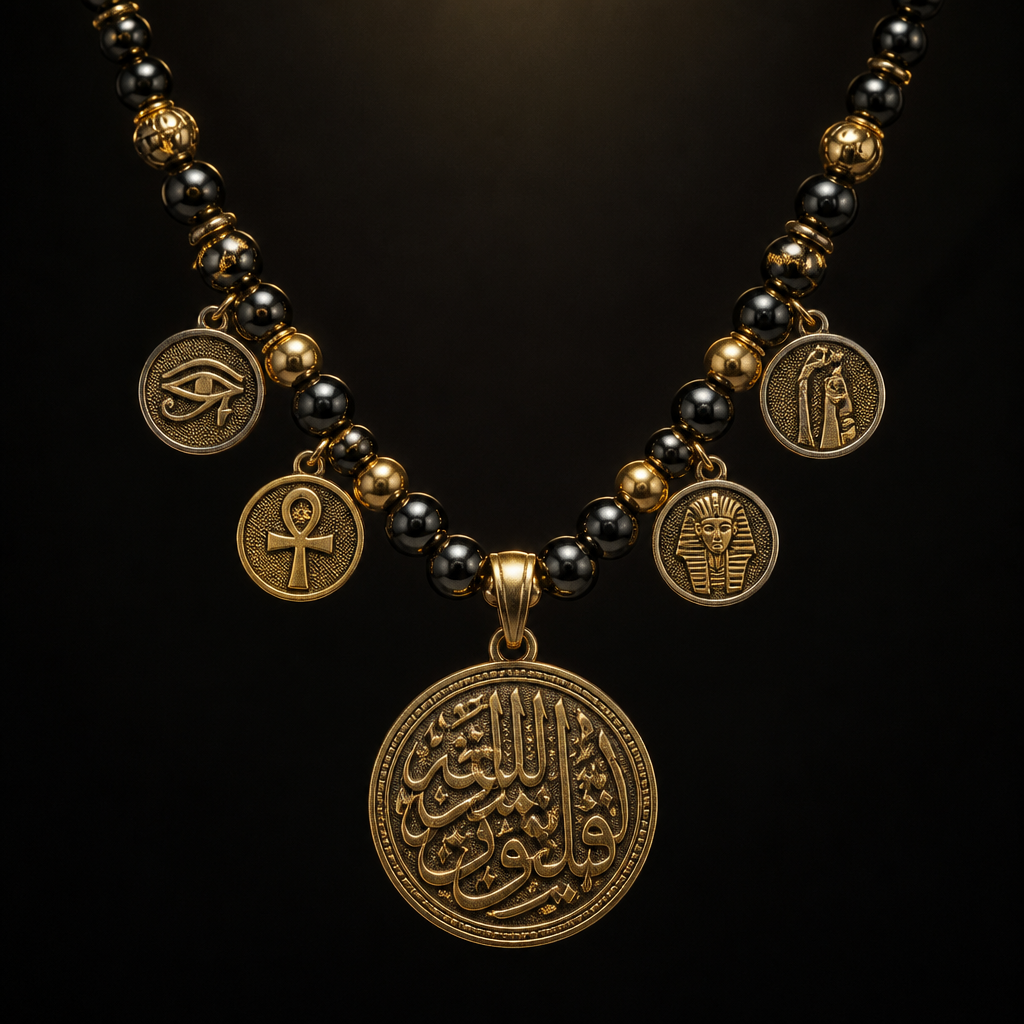 A women's necklace. شيك للصينيين
Luxury Egyptian-inspired necklace design, round antique gold pendants with Arabic calligraphy and sacred Egyptian symbols, paired with glossy black and gold hematite beads, elegant modern oriental style, rich black background, soft golden lighting, premium handmade jewelry aesthetic, suitable as cultural gift from Egypt, minimal classy composition, realistic jewelry photography, high-end fashion brand look
photorealistic jewelry design, A women's necklace. شيك للصينيين
Luxury Egyptian-inspired necklace design, round antique gold pendants with Arabic calligraphy and sacred Egyptian symbols, paired with glossy black and gold hematite beads, elegant modern oriental style, rich black background, soft golden lighting, premium handmade jewelry aesthetic, suitable as cultural gift from Egypt, minimal classy composition, realistic jewelry photography, high-end fashion brand look, modern style, just the design no text