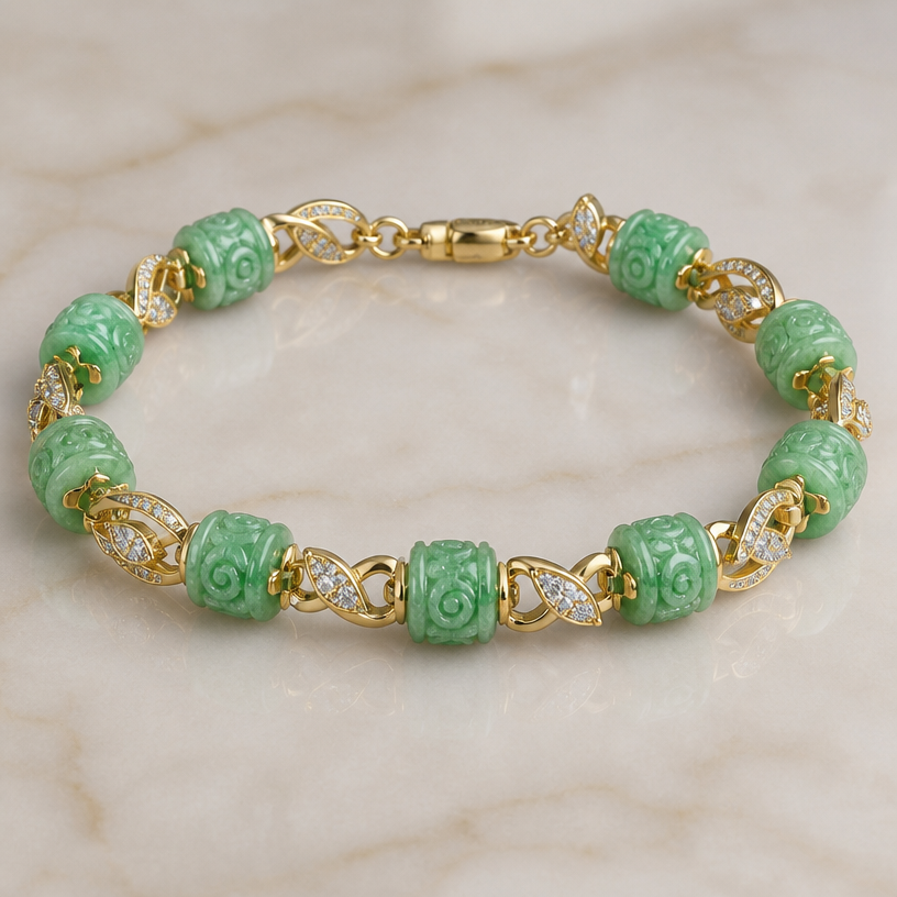 A abstract women's bracelet with diamond stones, detailed and decorative, moderately ornate. Create a 6-inch bracelet using the 12 beads shown in the attached picture. Each bead is 9.7 millimeters long.
using the attached image as a visual reference, create A abstract women's bracelet with diamond stones, detailed and decorative, moderately ornate. Create a 6-inch bracelet using the 12 beads shown in the attached picture. Each bead is 9.7 millimeters long.. photorealistic, just the design no text