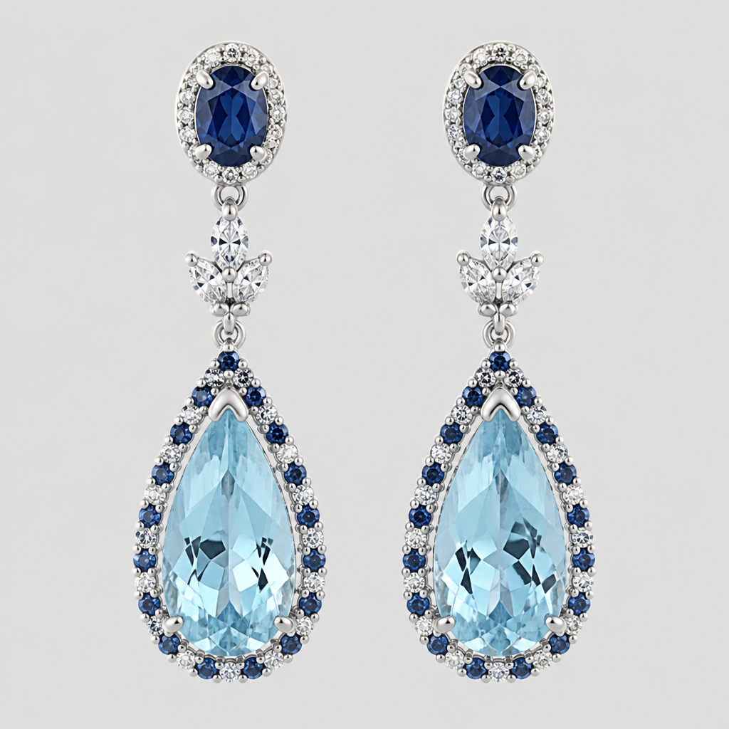 A pendant women's earrings with aquamarine and sapphire stones suitable for formal
photorealistic jewelry design, A pendant women's earrings with aquamarine and sapphire stones suitable for formal, pendant style, just the design no text