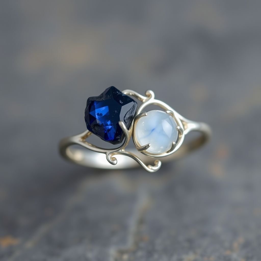 Design silver adjustable ring, use minimum silver, use 2 raw natural gemstones 