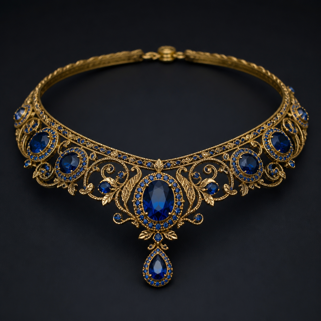 يكون شبيه بالطوق متع العصر الڤيكتوري وفيه احجار لونهم ازرق
photorealistic jewelry design, يكون شبيه بالطوق متع العصر الڤيكتوري وفيه احجار لونهم ازرق , vintage style, just the design no text