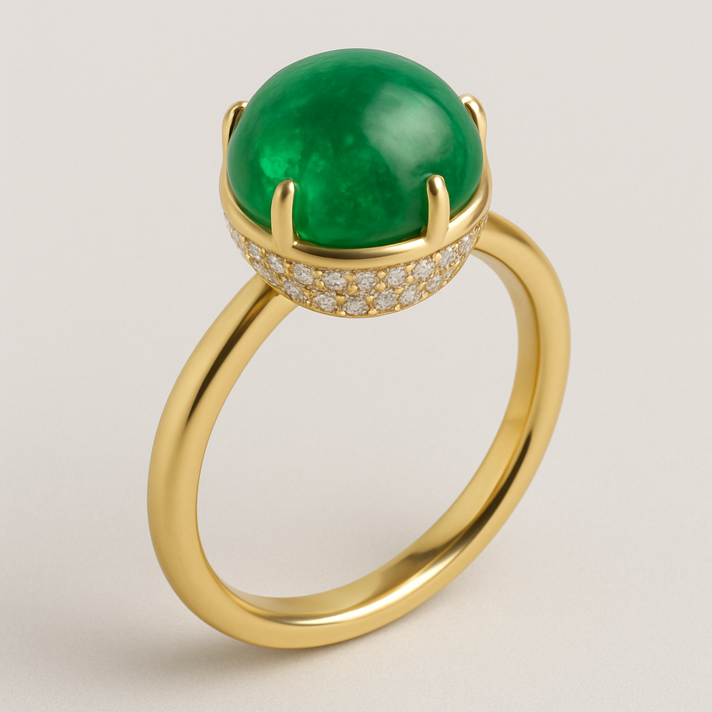 Round Emerald cabochon gold ring with 6 prongs. The bottom of the emerald cabochon is made of a bottom half sphere full of small diamonds pave. The ring band is a consistent circular section.