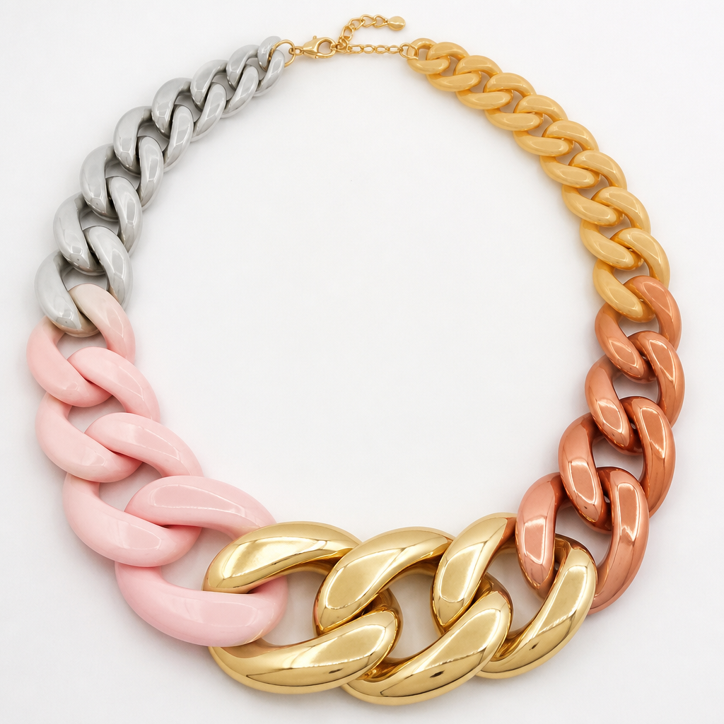 A women's necklace. create a chunky Cuban links style plastic necklace that is graduated and exaggerated in the first three links.colors: alternating copper, gold, pink and silver
photorealistic jewelry design, A women's necklace. create a chunky Cuban links style plastic necklace that is graduated and exaggerated in the first three links.colors: alternating copper, gold, pink and silver, modern style, just the design no text