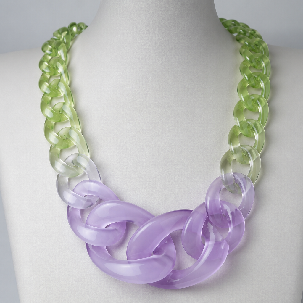 A women's necklace. create a chunky Cuban Link style plastic chain that is o graduated and exaggerated in the first front three links that is semi translucent lucite with the back part of the necklace green like a flower stem and the very front part, the color of a lavender rose
photorealistic jewelry design, A women's necklace. create a chunky Cuban Link style plastic chain that is o graduated and exaggerated in the first front three links that is semi translucent lucite with the back part of the necklace green like a flower stem and the very front part, the color of a lavender rose, modern style, just the design no text