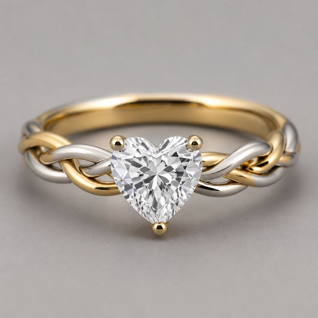 Progetta un anello con un gambo intrecciato, utilizzando un filo d’oro giallo e un filo di argento normale. La circonferenza del dito deve essere tra i 13 e i 14 mm. Il diamante incastonato al centro deve avere una forma a cuore, fissato da un castone a quattro punte. Il diamante deve pesare 1 carato, e il design complessivo deve essere elegante e proporzionato.
photorealistic jewelry design, Progetta un anello con un gambo intrecciato, utilizzando un filo d’oro giallo e un filo di argento normale. La circonferenza del dito deve essere tra i 13 e i 14 mm. Il diamante incastonato al centro deve avere una forma a cuore, fissato da un castone a quattro punte. Il diamante deve pesare 1 carato, e il design complessivo deve essere elegante e proporzionato., just the design no text
