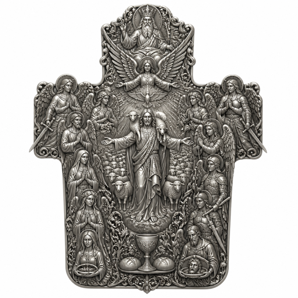 A artistic women's pendant made of silver suitable for festival. An extraordinary excellent beautiful delicate and elegant, super modern Cross, without stones, without background only the Cross, with Jesus Christ as the Good Shepherd with a beautiful delicate and elegant face, with long hair, with a beautiful delicate elegant and fit body, with His hands wide open to receive all of us, with a beautiful delicate elegant and beautifully ornated tunic, with a beautiful delicate and elegant sheep on His shoulders, with a beautiful delicate and elegant flock of beautiful delicate and elegant sheep backward of Him. Over Jesus Christ and the flock to be placed the Holy Spirit as an Angel with a beautiful delicate and elegant face, with long hair, with big wings flying, with a beautiful delicate elegant and fit body, with a beautiful delicate elegant and beautifully ornated tunic under the Angel to be placed a beautiful delicate and elegant dove flying both of them the Angel and the dove to be surrounded by tongues of fire radiating light to Jesus Christ and the flock. Over the Holy Spirit to be placed God the Father with a beautiful delicate and elegant face, with long hair, with a beautiful delicate elegant and fit body, with a beautiful delicate and elegant tunic, with a beautiful delicate and elegant sceptre at His left hand blessing the world with His right hand, with a beautiful delicate elegant and beautifully ornated crown on His head. At the bottom of the Cross to be placed the Holy Communion with a beautiful delicate elegant and beautifully ornated chalice and two breads around the chalice. At the lower right side of the Cross to be stacked one by one Saint John the Baptist with a beautiful delicate elegant and beautifully ornated platter with his head on it. Over Saint John the Baptist to be placed Saint Constantine with a beautiful delicate and elegant face, with long hair, with a beautiful delicate and elegant crown on his head, with a beautiful delicate elegant and fit body, with a beautiful delicate and elegant armour holding a beautiful delicate elegant and beautifully ornated Cross. Over Saint Constantine to be placed Saint George with a beautiful delicate and elegant face, with long hair, with a beautiful delicate elegant and beautifully ornated helmet with a beautiful delicate elegant and fit body, with a beautiful delicate elegant and beautifully ornated armour, holding a beautiful delicate and elegant sword with his right hand at low position and near the floor giving respect to the Holy Trinity and Praying. Over Saint George to be placed Saint Peter the Apostle Praying. At the left lower side of the Cross to be placed stacked Saint Paraskevi with a beautiful delicate and elegant face, with long hair, with a beautiful delicate elegant and beautifully curved body, with a beautiful delicate elegant and beautifully ornated tunic holding a bowl with two eyes in it. Over Saint Paraskevi to be placed Saint Irene with a beautiful delicate and elegant face, with long hair, with a beautiful delicate elegant and beautifully ornated wreath on her head, with a beautiful delicate elegant and beautifully curved body, with a beautiful delicate elegant and beautifully ornated tunic Praying. Over Saint Irene to be placed Virgo Maria with a beautiful delicate and elegant face, with beautifully ornated long hair, with a beautiful delicate elegant and beautifully curved body, with a beautiful delicate elegant and beautifully ornated tunic Praying. Over Virgo Maria to be placed Saint Paul the Apostle Praying. At the right side of the Cross to be placed Saint Michael the Archangel with a beautiful delicate and elegant face, with long hair, with a beautiful delicate elegant and beautifully ornated helmet, with a beautiful delicate elegant and fit body, with big wings flying, with a beautiful delicate elegant and beautifully ornated armour, holding His beautiful delicate elegant and beautifully ornated sword low to the ground giving respect to the Holy Trinity and Praying. In front of Saint Michael the Archangel to be placed Saint Gabriel the Archangel with a beautiful delicate and elegant face, with long hair, with a beautiful delicate elegant and beautifully ornated helmet on His head, with a beautiful delicate elegant and fit body, with big wings flying, with a beautiful delicate elegant and beautifully ornated armour, holding a beautiful delicate elegant and beautifully ornated bucket of lilyes and Praying. At the left side of the Cross to be placed Saint Rafael the Archangel with a beautiful delicate and elegant face, with long hair, with a beautiful delicate elegant and beautifully ornated helmet, with a beautiful delicate elegant and fit body, with big wings flying, with a beautiful delicate elegant and beautifully ornated armour, holding a beautiful delicate elegant and beautifully ornated sword with his right hand low giving respect to the Holy Trinity and Praying. In front of Saint Rafael the Archangel to be placed the Guardian Angel with a beautiful delicate and elegant face, with long hair, with a beautiful delicate elegant and beautifully ornated with flowers wreath on His head, with a beautiful delicate elegant and fit body, with a beautiful delicate elegant and beautifully ornated tunic Praying. Make all the Angels, the Saints, God the Father, the Holy Spirit and Jesus Christ and the flock as statues.
photorealistic jewelry design, A artistic women's pendant made of silver suitable for festival. An extraordinary excellent beautiful delicate and elegant, super modern Cross, without stones, without background only the Cross, with Jesus Christ as the Good Shepherd with a beautiful delicate and elegant face, with long hair, with a beautiful delicate elegant and fit body, with His hands wide open to receive all of us, with a beautiful delicate elegant and beautifully ornated tunic, with a beautiful delicate and elegant sheep on His shoulders, with a beautiful delicate and elegant flock of beautiful delicate and elegant sheep backward of Him. Over Jesus Christ and the flock to be placed the Holy Spirit as an Angel with a beautiful delicate and elegant face, with long hair, with big wings flying, with a beautiful delicate elegant and fit body, with a beautiful delicate elegant and beautifully ornated tunic under the Angel to be placed a beautiful delicate and elegant dove flying both of them the Angel and the dove to be surrounded by tongues of fire radiating light to Jesus Christ and the flock. Over the Holy Spirit to be placed God the Father with a beautiful delicate and elegant face, with long hair, with a beautiful delicate elegant and fit body, with a beautiful delicate and elegant tunic, with a beautiful delicate and elegant sceptre at His left hand blessing the world with His right hand, with a beautiful delicate elegant and beautifully ornated crown on His head. At the bottom of the Cross to be placed the Holy Communion with a beautiful delicate elegant and beautifully ornated chalice and two breads around the chalice. At the lower right side of the Cross to be stacked one by one Saint John the Baptist with a beautiful delicate elegant and beautifully ornated platter with his head on it. Over Saint John the Baptist to be placed Saint Constantine with a beautiful delicate and elegant face, with long hair, with a beautiful delicate and elegant crown on his head, with a beautiful delicate elegant and fit body, with a beautiful delicate and elegant armour holding a beautiful delicate elegant and beautifully ornated Cross. Over Saint Constantine to be placed Saint George with a beautiful delicate and elegant face, with long hair, with a beautiful delicate elegant and beautifully ornated helmet with a beautiful delicate elegant and fit body, with a beautiful delicate elegant and beautifully ornated armour, holding a beautiful delicate and elegant sword with his right hand at low position and near the floor giving respect to the Holy Trinity and Praying. Over Saint George to be placed Saint Peter the Apostle Praying. At the left lower side of the Cross to be placed stacked Saint Paraskevi with a beautiful delicate and elegant face, with long hair, with a beautiful delicate elegant and beautifully curved body, with a beautiful delicate elegant and beautifully ornated tunic holding a bowl with two eyes in it. Over Saint Paraskevi to be placed Saint Irene with a beautiful delicate and elegant face, with long hair, with a beautiful delicate elegant and beautifully ornated wreath on her head, with a beautiful delicate elegant and beautifully curved body, with a beautiful delicate elegant and beautifully ornated tunic Praying. Over Saint Irene to be placed Virgo Maria with a beautiful delicate and elegant face, with beautifully ornated long hair, with a beautiful delicate elegant and beautifully curved body, with a beautiful delicate elegant and beautifully ornated tunic Praying. Over Virgo Maria to be placed Saint Paul the Apostle Praying. At the right side of the Cross to be placed Saint Michael the Archangel with a beautiful delicate and elegant face, with long hair, with a beautiful delicate elegant and beautifully ornated helmet, with a beautiful delicate elegant and fit body, with big wings flying, with a beautiful delicate elegant and beautifully ornated armour, holding His beautiful delicate elegant and beautifully ornated sword low to the ground giving respect to the Holy Trinity and Praying. In front of Saint Michael the Archangel to be placed Saint Gabriel the Archangel with a beautiful delicate and elegant face, with long hair, with a beautiful delicate elegant and beautifully ornated helmet on His head, with a beautiful delicate elegant and fit body, with big wings flying, with a beautiful delicate elegant and beautifully ornated armour, holding a beautiful delicate elegant and beautifully ornated bucket of lilyes and Praying. At the left side of the Cross to be placed Saint Rafael the Archangel with a beautiful delicate and elegant face, with long hair, with a beautiful delicate elegant and beautifully ornated helmet, with a beautiful delicate elegant and fit body, with big wings flying, with a beautiful delicate elegant and beautifully ornated armour, holding a beautiful delicate elegant and beautifully ornated sword with his right hand low giving respect to the Holy Trinity and Praying. In front of Saint Rafael the Archangel to be placed the Guardian Angel with a beautiful delicate and elegant face, with long hair, with a beautiful delicate elegant and beautifully ornated with flowers wreath on His head, with a beautiful delicate elegant and fit body, with a beautiful delicate elegant and beautifully ornated tunic Praying. Make all the Angels, the Saints, God the Father, the Holy Spirit and Jesus Christ and the flock as statues., artistic style, just the design no text