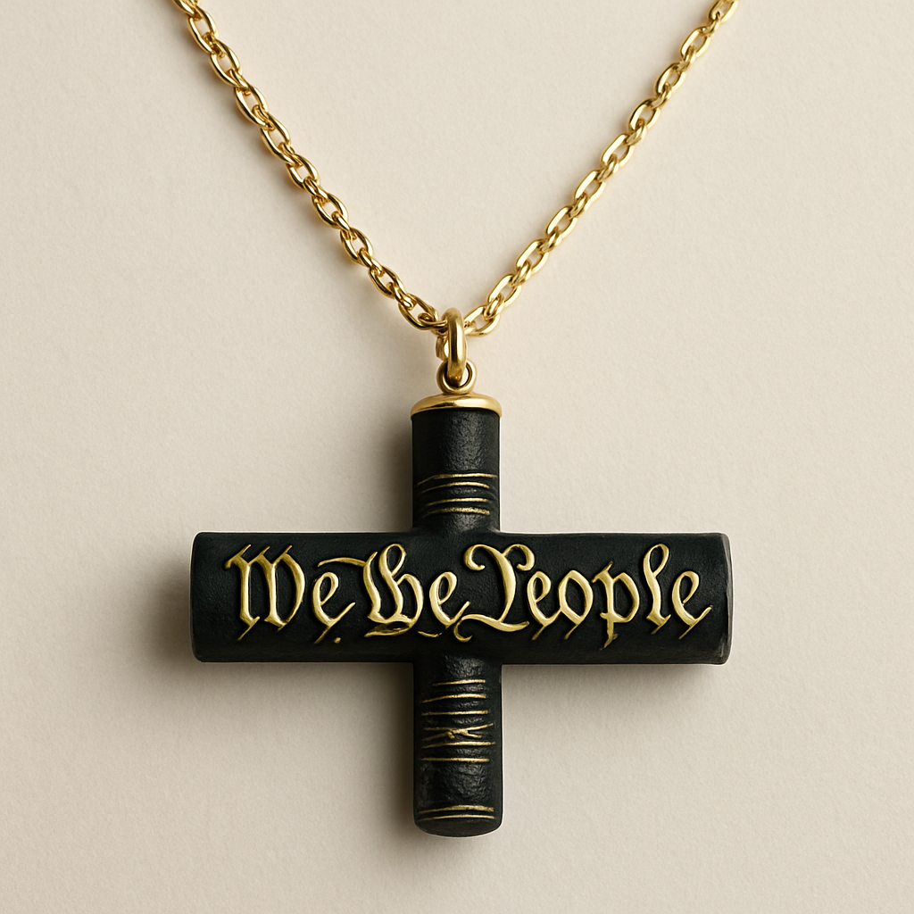 A necklace on a 24” staggered chain with a pendant straw (cylinder) 4 inches long that looks like a rolled up version of the United States constitution “We The People” can be read and is indented as well as the rolled up paper lines. It is black with gold writing.