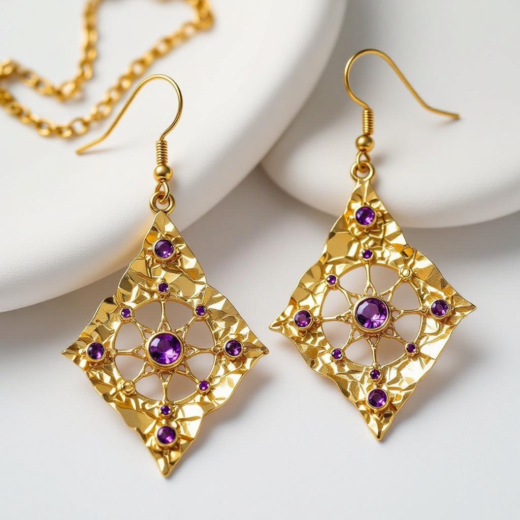 Серьги длинные на цепочках матовое золото мятое. Символ схематично созвездие. Маленькие фиолетовые камушки