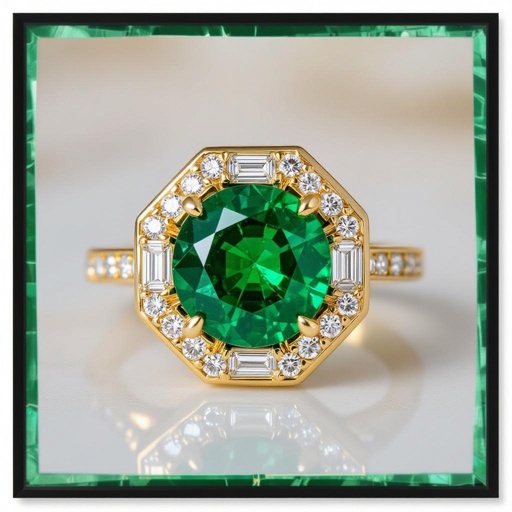 Anillo en oro con esmeralda trapiche redonda y diamantes al rededor que forme un hexágono en el metal