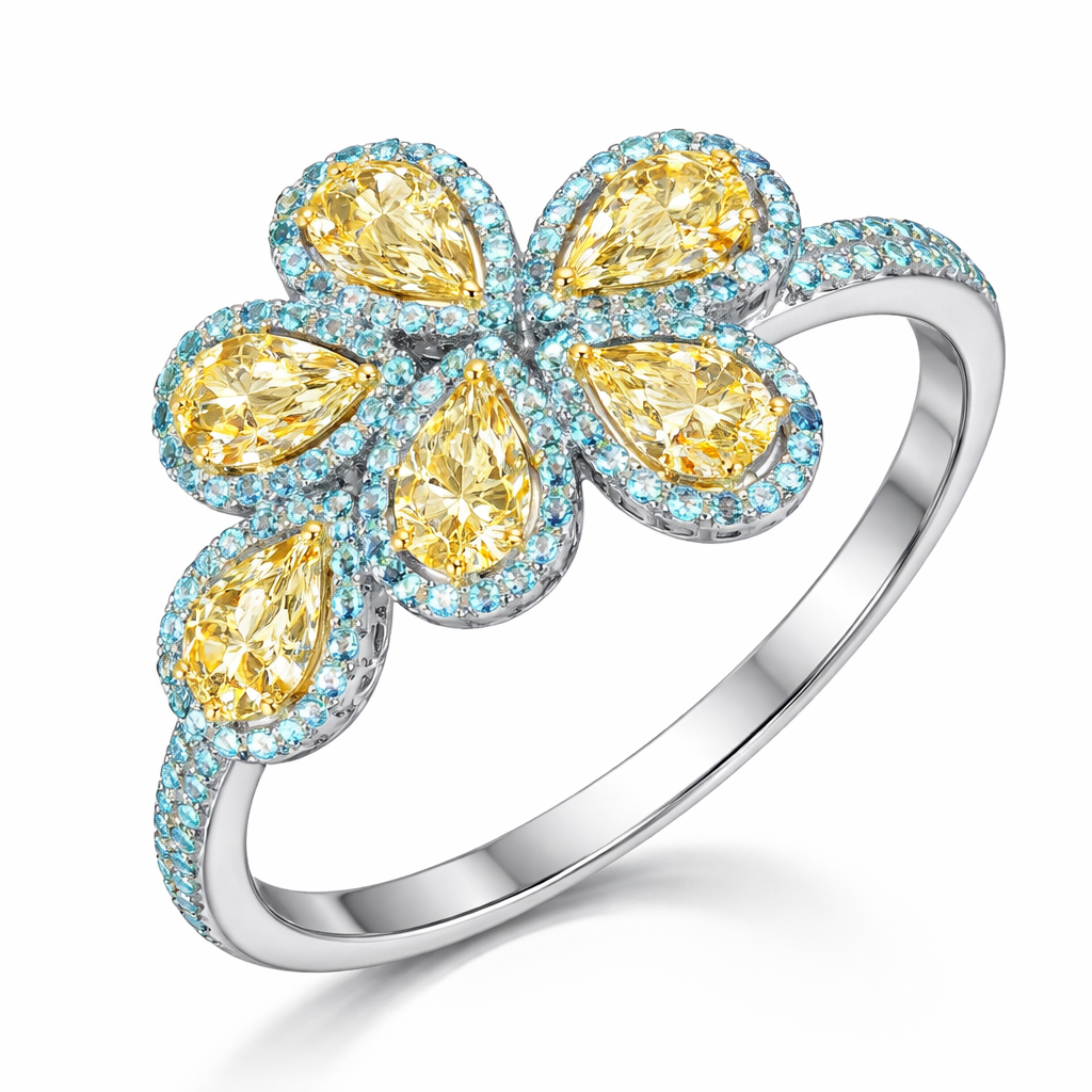 A women's ring. 7粒水滴小黃鑽和40份圓形帕拉伊巴做線介