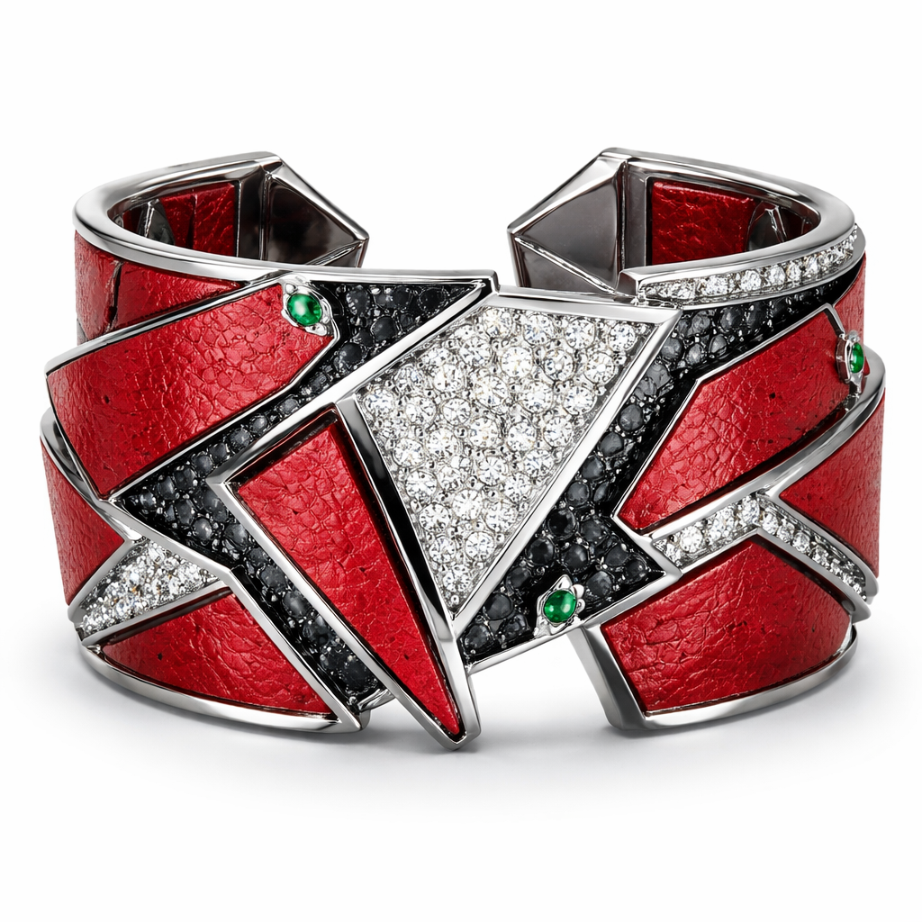 Geomatric red leather bangle of architecture and bold and edgy shape and elements of white and black diamonds for unisex of white background addind small green stones
