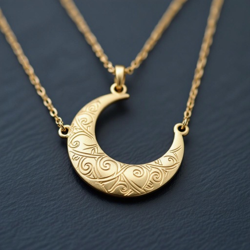 Подвеска из трех полумесяцев из матового неровного светлого золота с узорами соединенных цепочкой сверху самый широкий полукруг дальше средний и снизу самый маленький