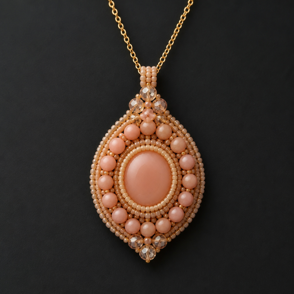 A women's pendant. бусинки персикового цвета и бисер персикового цвета
photorealistic jewelry design, A women's pendant. бусинки персикового цвета и бисер персикового цвета, modern style, just the design no text