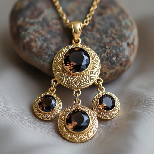 Подвеска из трех полумесяцев с узорами и камнями раухтопаза из матового неровного светлого золота с узорами соединенных цепочкой сверху самый широкий полукруг дальше средний и снизу самый маленький