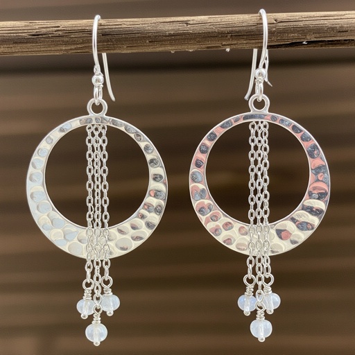 Серебряные серьги словно мятое сер ебро в форме полумесяца. Верхушка полумесяца крепится к застежке серьги.  От полумесяца идет три цепочки, у каждой на конце мелкий камушек лунный камень