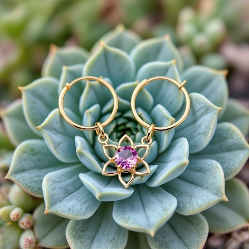 Серьги небольшие кольца, подвеска в виде золотого лотоса шестью лепестками с маленьким розовым кварцем по центру