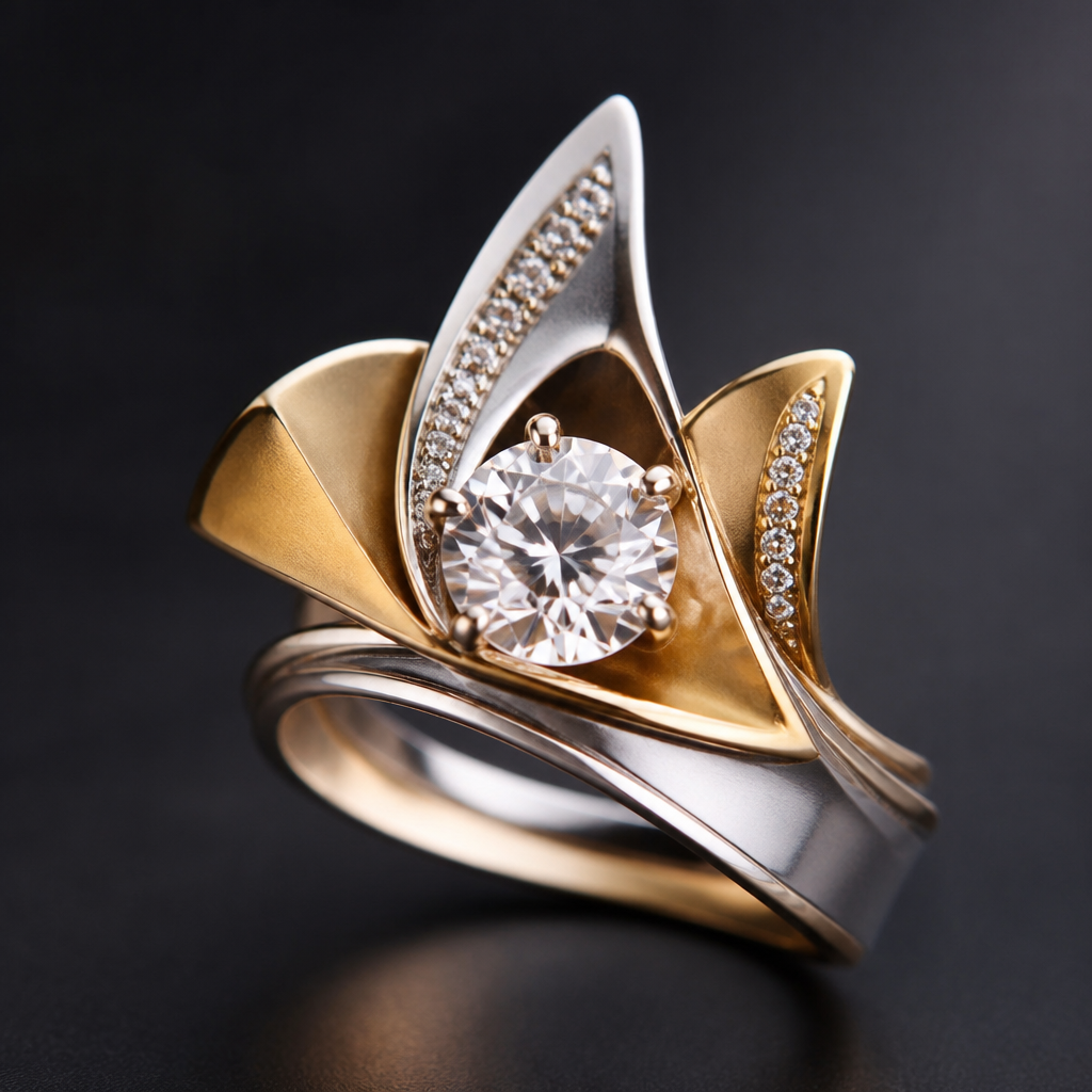 A avant-garde women's ring made of mixed metal with diamond stones suitable for festival. An extraordinary excellent beautiful delicate and elegant solitaire women ring. Face of the ring.
photorealistic jewelry design, A avant-garde women's ring made of mixed metal with diamond stones suitable for festival. An extraordinary excellent beautiful delicate and elegant solitaire women ring. Face of the ring., avant_garde style, just the design no text