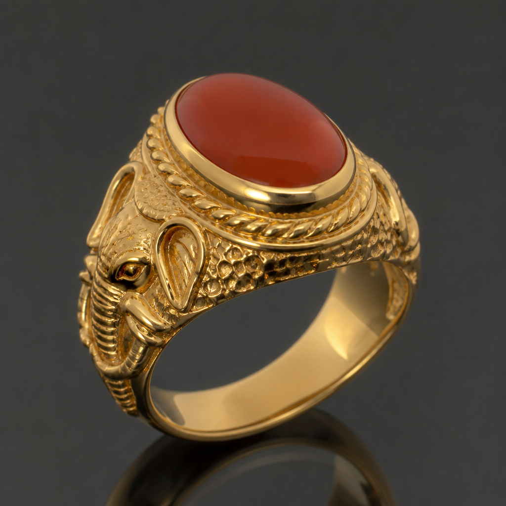 Men’s Persian signet ring, elephant shank, oval carnelian agate, raised crown setting, yellow gold
photorealistic jewelry design, Men’s Persian signet ring, elephant shank, oval carnelian agate, raised crown setting, yellow gold, just the design no text