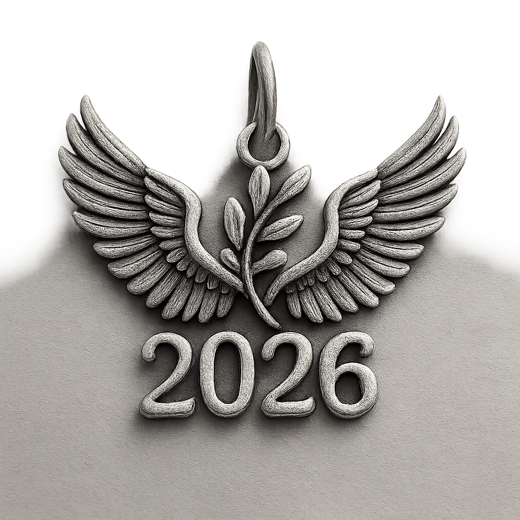 Silver cut-out charm only with  two spread out bird wings, an olive branch and  along year 2026