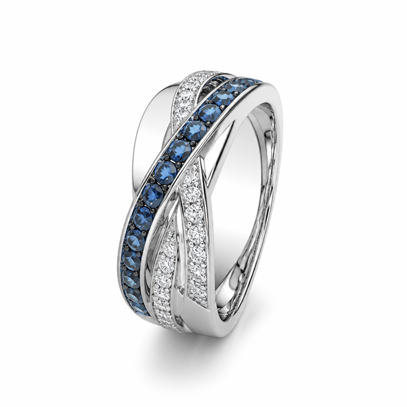 A women's ring made of white gold with diamond and sapphire stones
using the attached image as a visual reference, create A women's ring made of white gold with diamond and sapphire stones. photorealistic, just the design no text