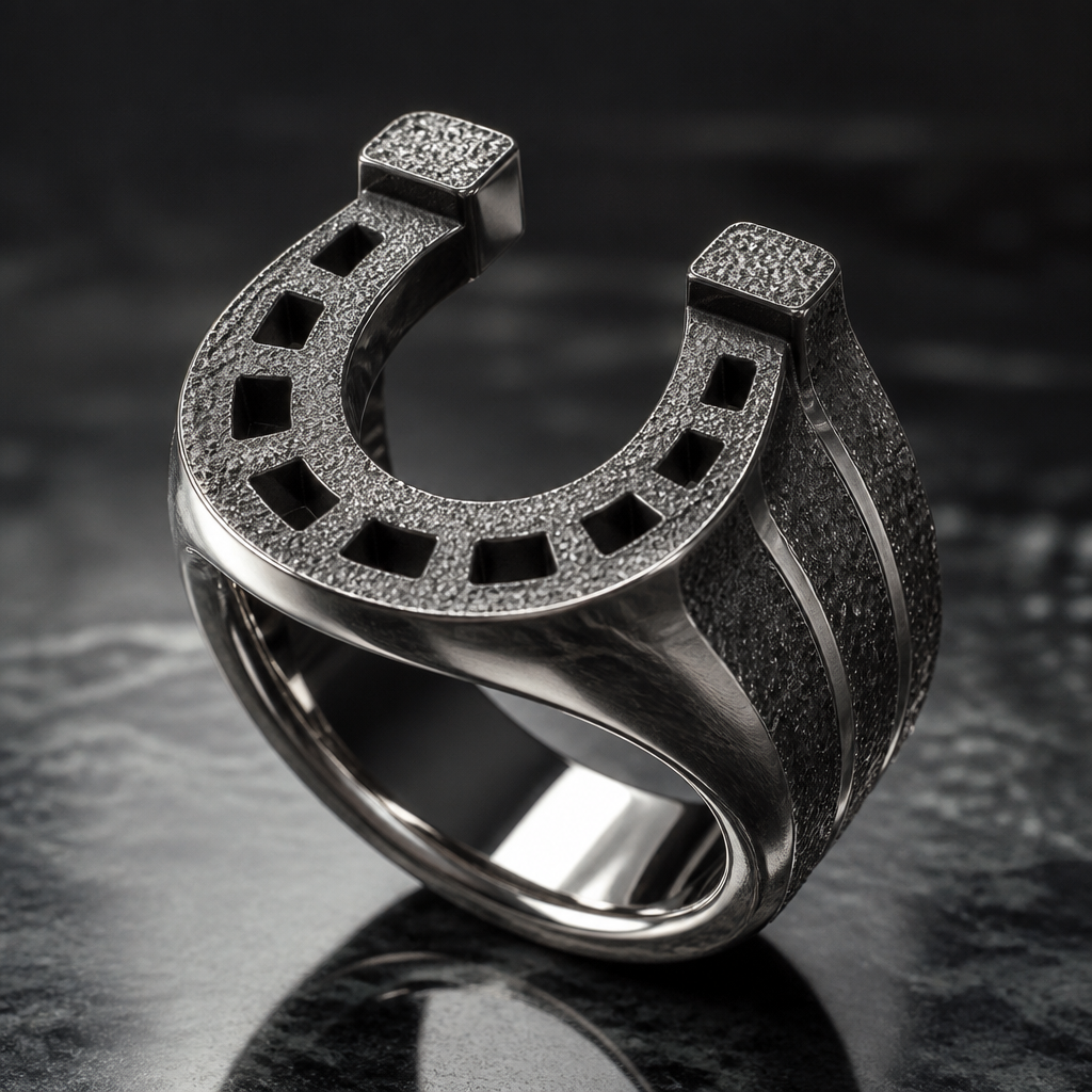 A men's ring. крупное кольцо из подковы
photorealistic jewelry design, A men's ring. крупное кольцо из подковы, modern style, just the design no text