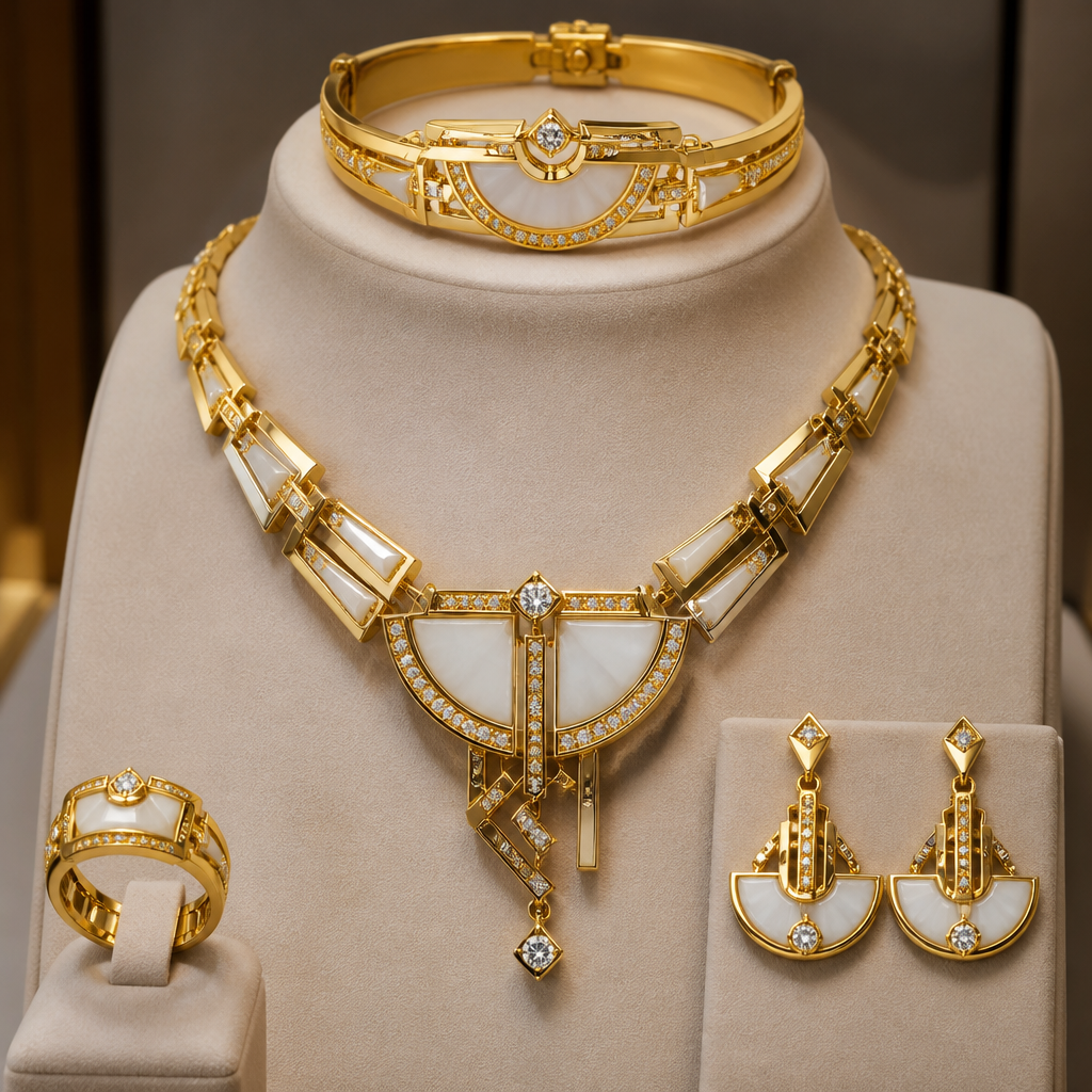 Prompt: A luxurious 21k yellow gold full jewelry set including a necklace, bracelet, ring, and earrings. The design features a modern geometric concept combining sharp geometric shapes with elegant semicircles. Embedded with brilliant, clean white ornamental gemstones and delicate white jade. Premium craftsmanship, warm rich gold tone, displayed on a minimalist beige velvet bust, professional jewelry photography, macro shot, soft studio lighting, high-end catalog style, 8k resolution. --ar 4:3 --v 6.0
photorealistic jewelry design, Prompt: A luxurious 21k yellow gold full jewelry set including a necklace, bracelet, ring, and earrings. The design features a modern geometric concept combining sharp geometric shapes with elegant semicircles. Embedded with brilliant, clean white ornamental gemstones and delicate white jade. Premium craftsmanship, warm rich gold tone, displayed on a minimalist beige velvet bust, professional jewelry photography, macro shot, soft studio lighting, high-end catalog style, 8k resolution. --ar 4:3 --v 6.0, medieval style, just the design no text