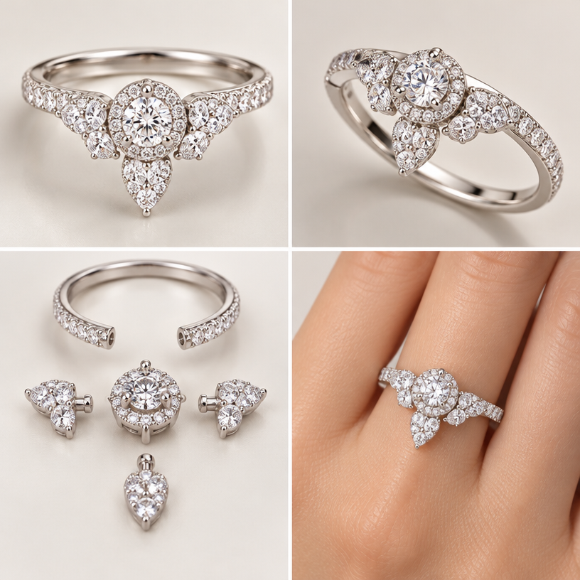 A women's ring, detailed and decorative, moderately ornate. เปลี่ยนในวงกลมสีแดงเป็นเม็ดเดี่ยวล้อม, สามารถถอดออกเป็นส่วนๆได้, อ่อมให้หู,4 views
using the attached image as a visual reference, create A women's ring, detailed and decorative, moderately ornate. เปลี่ยนในวงกลมสีแดงเป็นเม็ดเดี่ยวล้อม, สามารถถอดออกเป็นส่วนๆได้, อ่อมให้หู,4 views. photorealistic, just the design no text