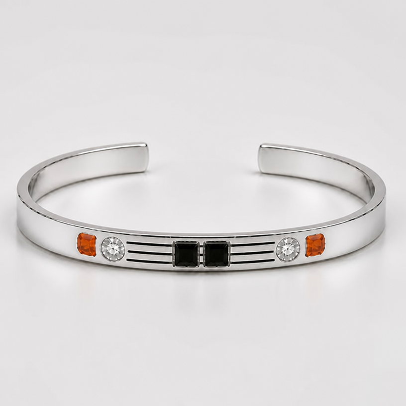 A women's bracelet made of silver. the orange stone are closer to the clear stone
using the attached image as a visual reference, create A women's bracelet made of silver. the orange stone are closer to the clear stone. photorealistic, just the design no text