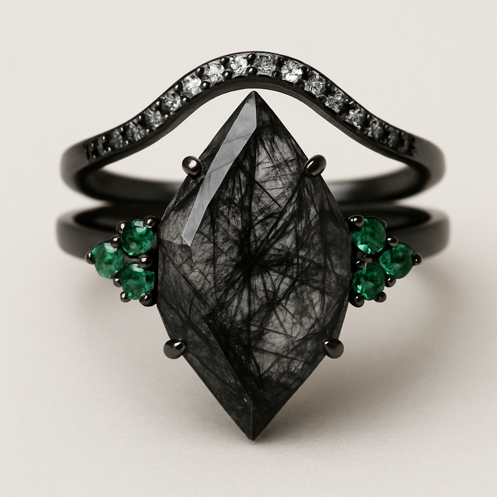 Black band, long kite cut rutilated black quartz, emerald accent stones 3 on each side in a cluster, add a wedding band that curves around the top of the main stone with black and white stones
