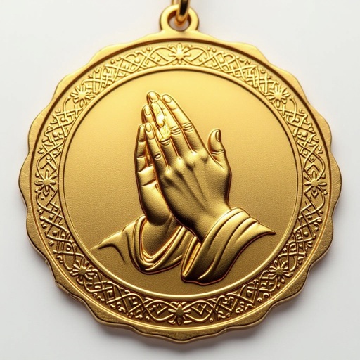 Золотой матовый медальон похожий на мятую монету с неровными краями. По кругу выгравированы изящные узоры. В центре выпуклые ладони, сложенные в молитве и от них исходит свет