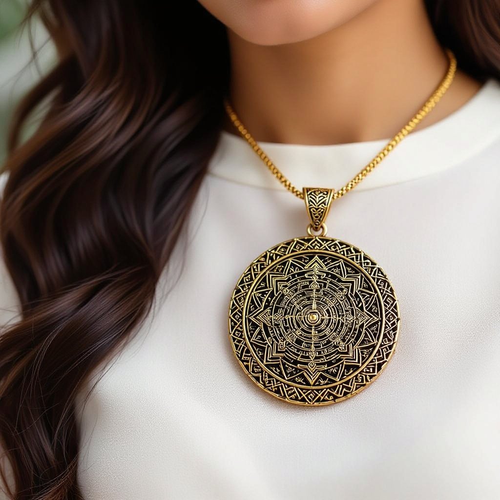 Золотой матовый кулон состаренный в виде круга, в центре изображена янтра богини кали