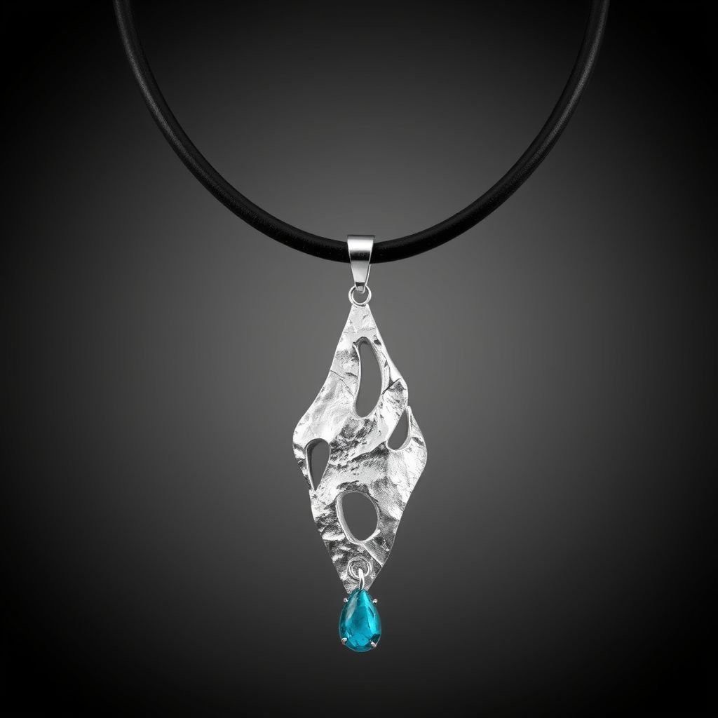 Modern stylish necklace on thick leather cord with big silver pendant and gemstone charm 