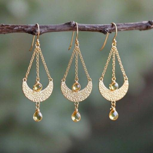 Золотые серьги словно мятое золото в форме узкого изящного полумесяца. Верхушка полумесяца крепится к застежке серьги.  От полумесяца идет три цепочки, у каждой на конце мелкий камушек цитрин