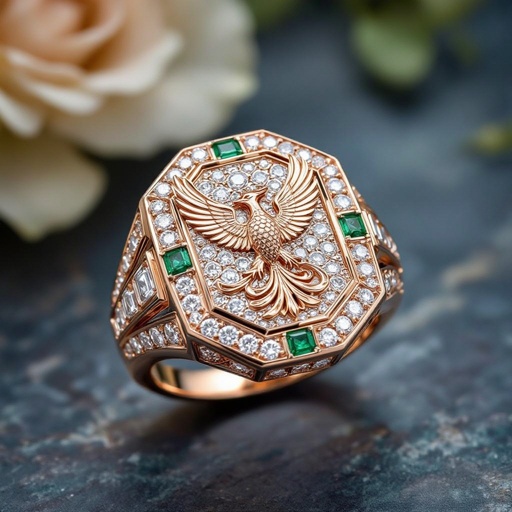 Geomatric rose gold and A platinum signet ring with phoenix printed on it for women Design a luxurious platinum signet ring that embodies the elegance of Art Deco style, featuring a striking phoenix rendered in intricate geometric patterns. Emphasize bold lines and symmetry, with contrasting finishes for depth. Adorn the ring with brilliant-cut diamonds and emeralds, capturing the spirit of rebirth and timeless sophistication. Rose gold geometric ring. Platinum signet ring with a phoenix. Platinum Art Deco signet ring with a phoenix, brilliant-cut diamonds, and emeralds.
