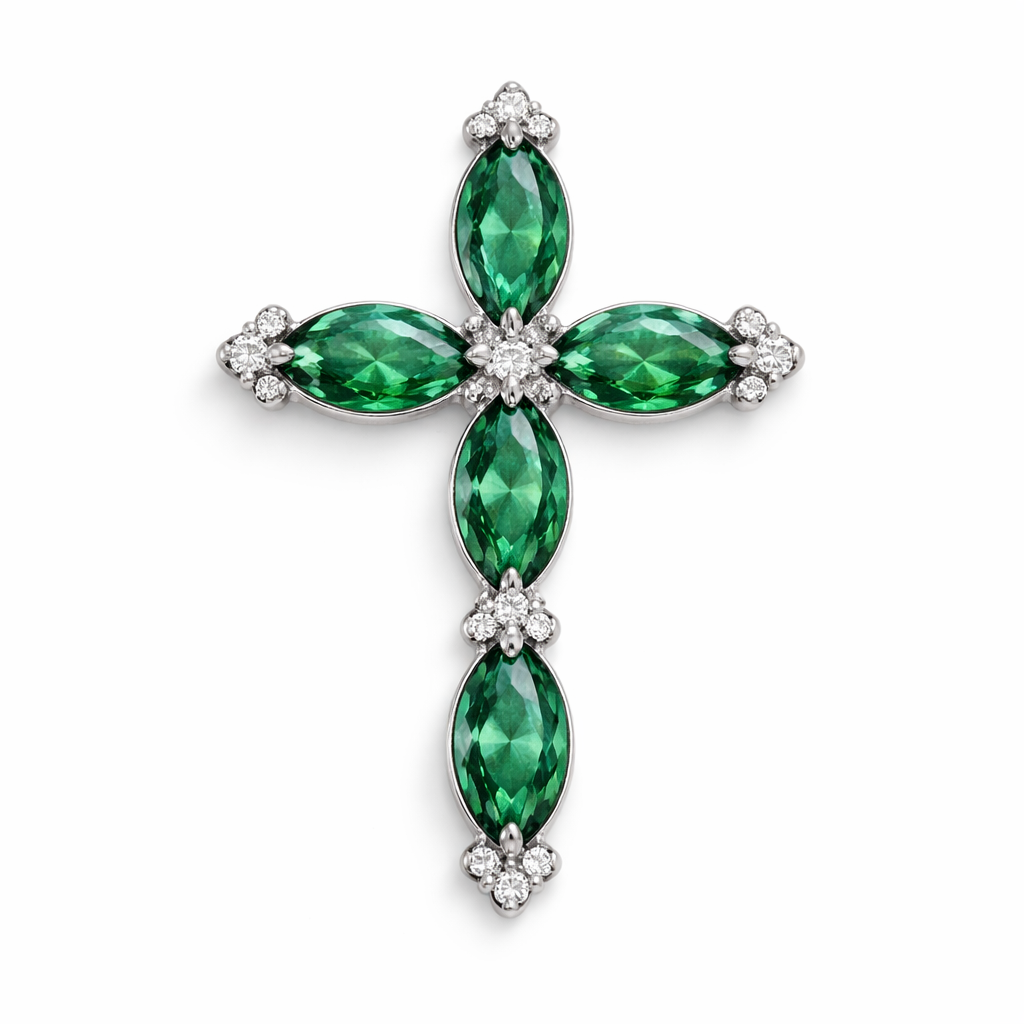 Marquise cut emerald white gold cross with a few diamonds accents. No bale.