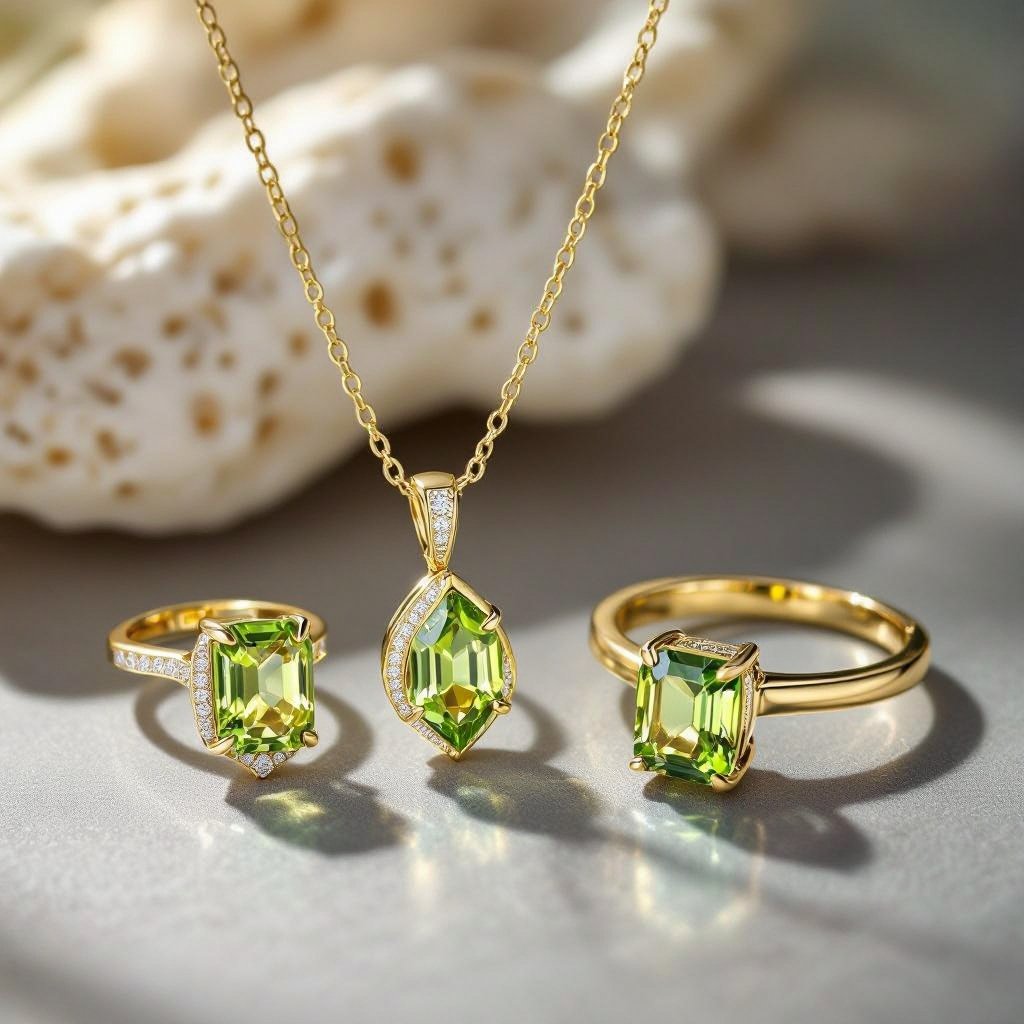 Modern peridot earring and necklace and ring jewelry design with gold