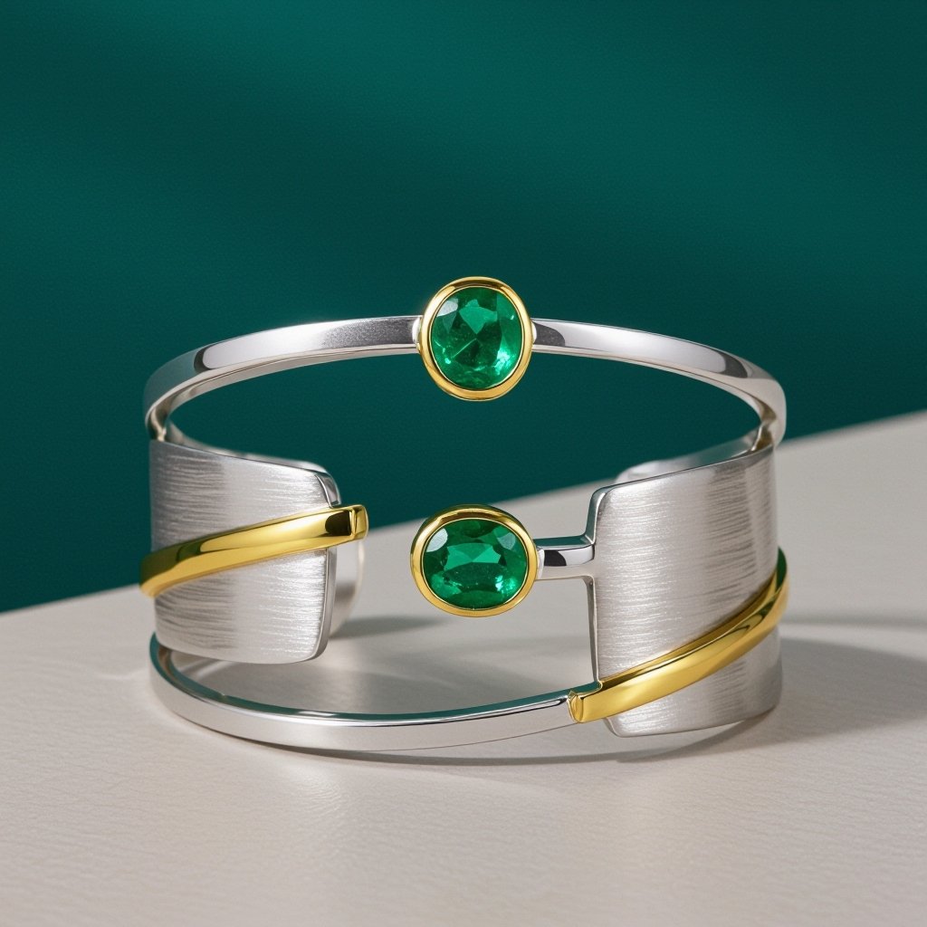 Set of Modern Design a sleek, modern cuff bracelet featuring asymmetrical angles and a polished finish. Use a combination of brushed matte silver and high-shine gold accents for contrast. Incorporate a single, oval-cut gemstone-perhaps a striking emerald-set at an unconventional angle, creating a bold focal point that exudes contemporary elegance and sophistication.