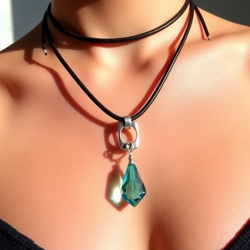 Modern stylish necklace on thick leather cord with big silver pendant and Swarovski charm 