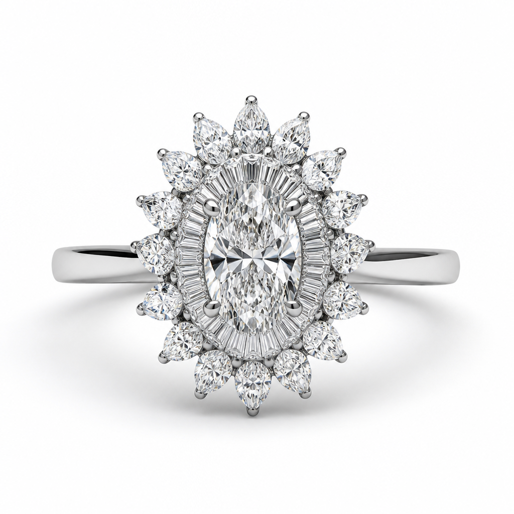 Oval diamond ring with marquise and baguette halo on a plain white gold band
photorealistic jewelry design, Oval diamond ring with marquise and baguette halo on a plain white gold band , classic style, just the design no text