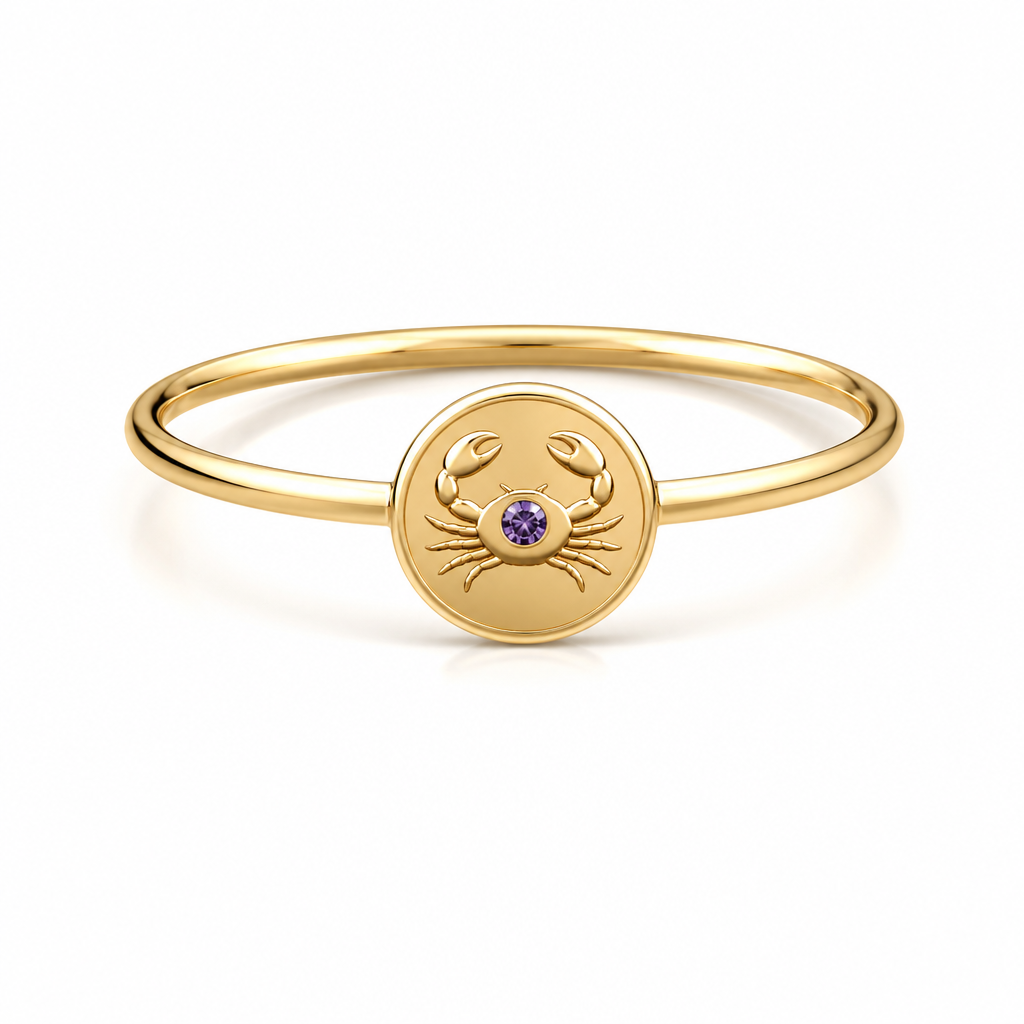A minimalist women's ring made of gold with amethyst stones suitable for daily wear. um anel com fio dourado, ouro, no centro um circulo pequeno cheio, cravado em si o signo de caranguejo contendo no seu centro um estilhaço pequeno de Amethyst. um anel elegante, discreto, com um toque de charme e delicado
photorealistic jewelry design, A minimalist women's ring made of gold with amethyst stones suitable for daily wear. um anel com fio dourado, ouro, no centro um circulo pequeno cheio, cravado em si o signo de caranguejo contendo no seu centro um estilhaço pequeno de Amethyst. um anel elegante, discreto, com um toque de charme e delicado, minimalist style, just the design no text