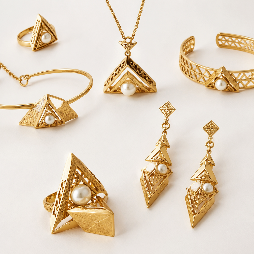 Create an exclusive haute joaillerie 21K yellow gold jewelry collection inspired by the majestic pyramids of Giza and contemporary Arabic architecture. The design should embrace minimalism with bold triangular geometry, clean lines, layered pyramid silhouettes, and delicate Islamic geometric motifs engraved into the gold. Natural white pearls float gracefully within the geometric framework, creating a striking contrast between softness and structure. Elegant proportions, luxurious craftsmanship, modern Middle Eastern aesthetic, premium high jewelry, polished yellow gold, subtle matte textures, architectural elegance, timeless luxury, editorial jewelry photography, ultra-realistic, cinematic lighting, white seamless background, 8K.
photorealistic jewelry design, Create an exclusive haute joaillerie 21K yellow gold jewelry collection inspired by the majestic pyramids of Giza and contemporary Arabic architecture. The design should embrace minimalism with bold triangular geometry, clean lines, layered pyramid silhouettes, and delicate Islamic geometric motifs engraved into the gold. Natural white pearls float gracefully within the geometric framework, creating a striking contrast between softness and structure. Elegant proportions, luxurious craftsmanship, modern Middle Eastern aesthetic, premium high jewelry, polished yellow gold, subtle matte textures, architectural elegance, timeless luxury, editorial jewelry photography, ultra-realistic, cinematic lighting, white seamless background, 8K., mediterranean style, just the design no text