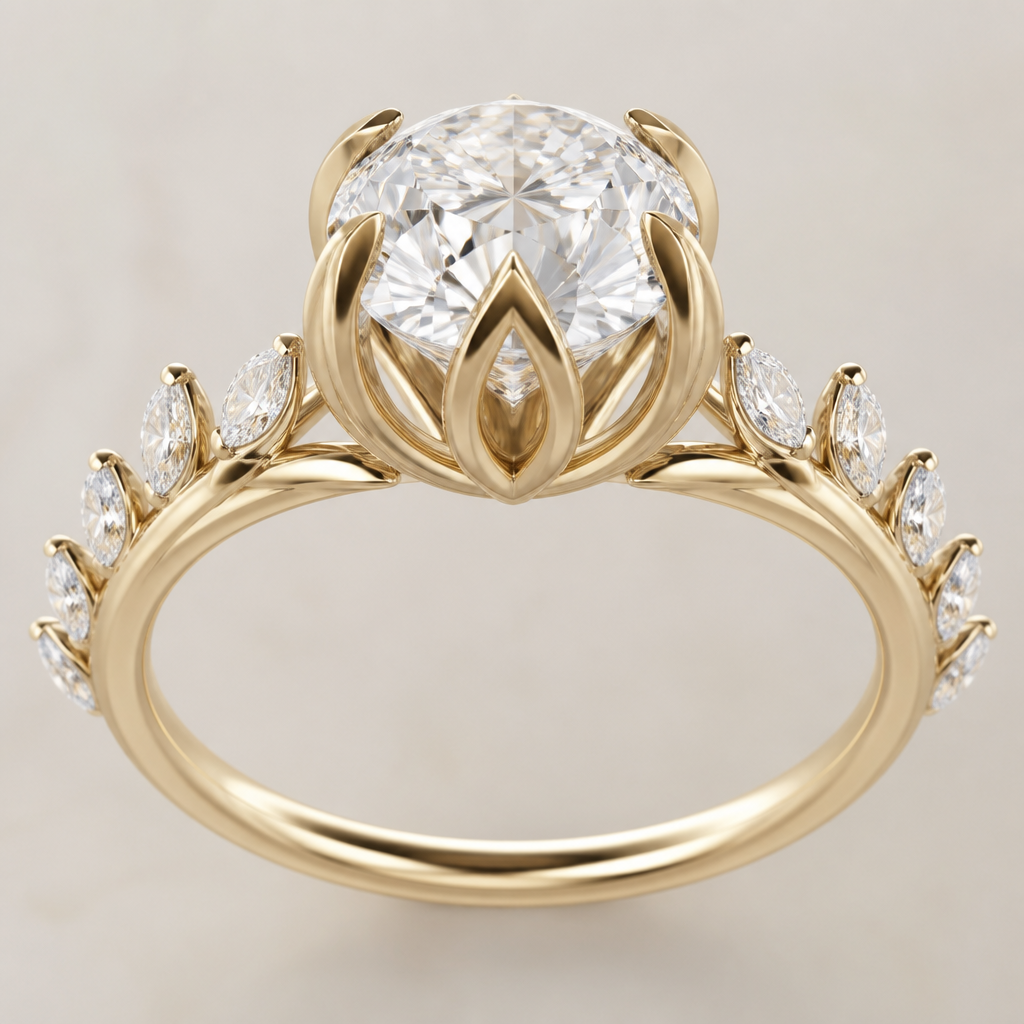 an 3ct oval center stone set in a tulip-style basket, where the prongs curve upward like delicate petals cradling the diamond. The basket’s open structure allows light to pass through, enhancing brilliance from every angle. The band is adorned with side diamonds that echo the floral motif, creating a harmonious balance between sculptural form and natural grace.”
photorealistic jewelry design, an 3ct oval center stone set in a tulip-style basket, where the prongs curve upward like delicate petals cradling the diamond. The basket’s open structure allows light to pass through, enhancing brilliance from every angle. The band is adorned with side diamonds that echo the floral motif, creating a harmonious balance between sculptural form and natural grace.”, just the design no text