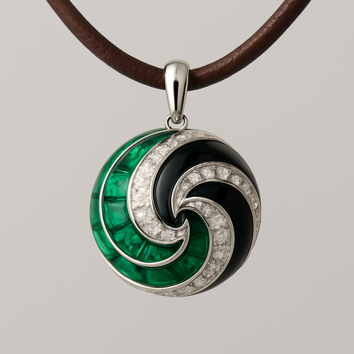 a necklace on leather strap with 3d ball that has a swirl with big slices emerald, black and diamonds white gold setting 