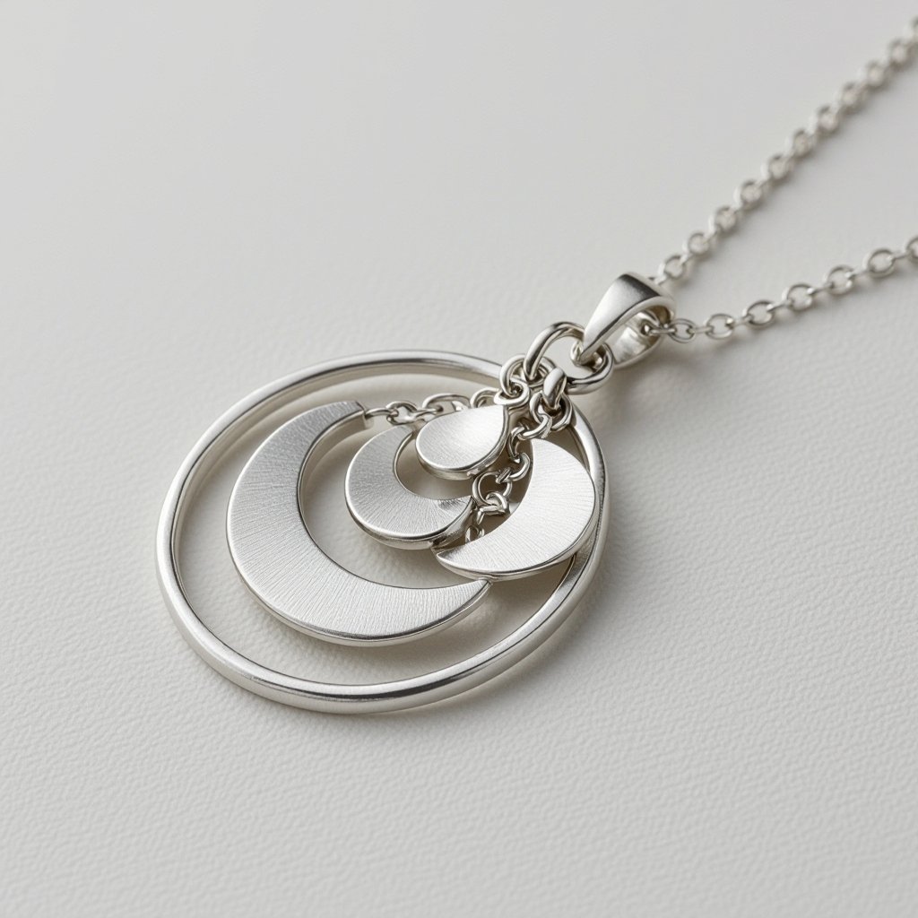 Подвеска из трех полукругов из матового неровного светлого золота соединенных цепочкой сверху самый широкий полукруг дальше средний и снизу самый маленький