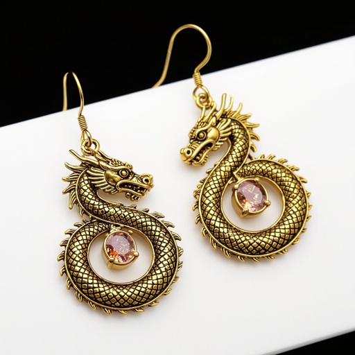 Золотые матовые серьги с изображением дракона узоры и камни мелкие раузтопаз