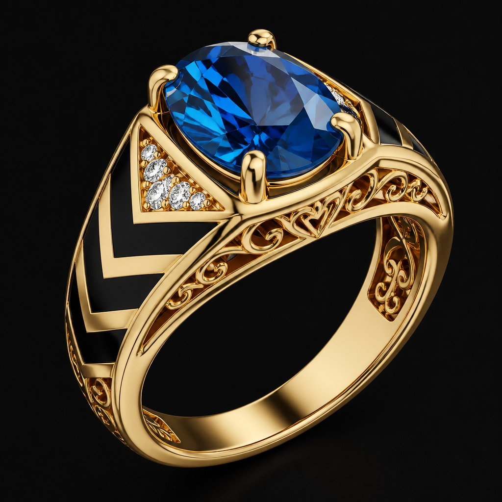 A women's ring. "photorealistic jewelry design, A luxury men's signet ring, 18k yellow gold. The centerpiece is a large, vibrant oval-cut blue sapphire (or blue topaz) held by four robust gold prongs. The shoulders feature two rows of small, brilliant-cut white diamonds set in a triangular pattern. The sides of the band are decorated with bold black enamel chevron inlays. Intricate filigree scrollwork and vintage-style engravings are visible on the side profile and under the gallery. High-end polished finish, cinematic lighting, sharp details, high-resolution 3D render, just the design no text."
photorealistic jewelry design, A women's ring. "photorealistic jewelry design, A luxury men's signet ring, 18k yellow gold. The centerpiece is a large, vibrant oval-cut blue sapphire (or blue topaz) held by four robust gold prongs. The shoulders feature two rows of small, brilliant-cut white diamonds set in a triangular pattern. The sides of the band are decorated with bold black enamel chevron inlays. Intricate filigree scrollwork and vintage-style engravings are visible on the side profile and under the gallery. High-end polished finish, cinematic lighting, sharp details, high-resolution 3D render, just the design no text.", modern style, just the design no text
