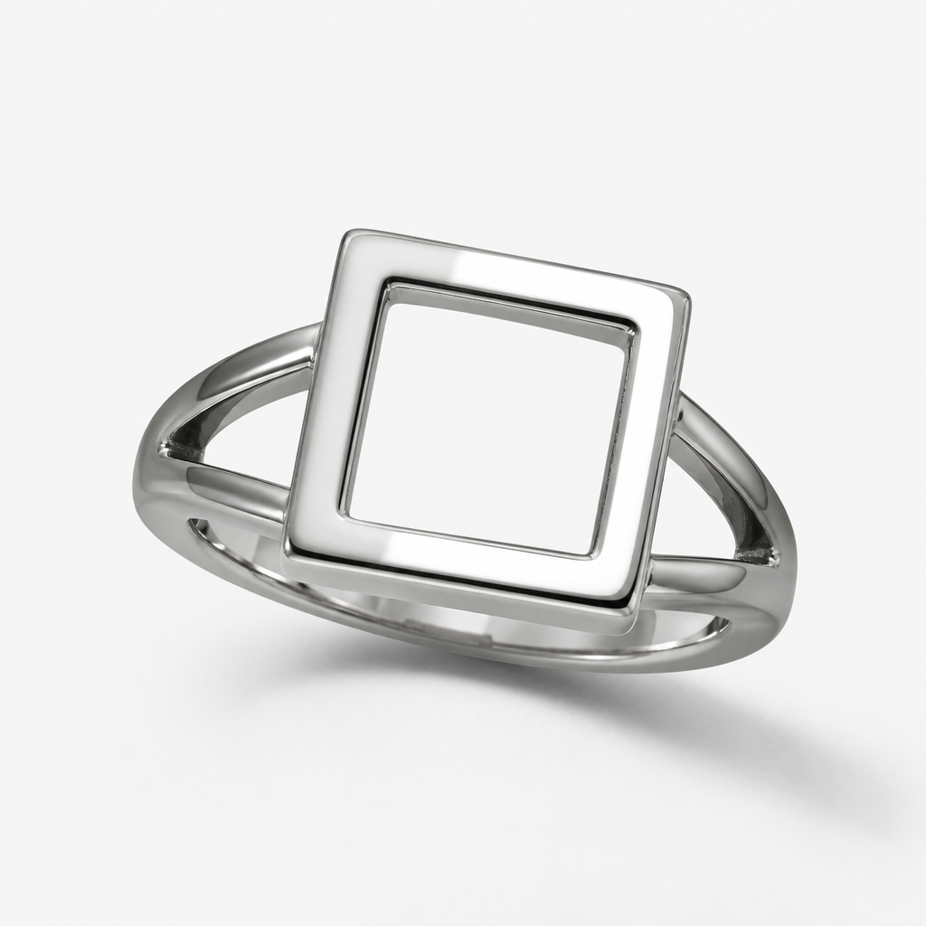 A women's ring made of silver. Bague avec carré vide
photorealistic jewelry design, A women's ring made of silver. Bague avec carré vide, modern style, just the design no text
